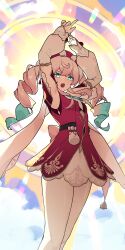 1girl absurdres aqua_eyes aqua_hair breasts commentary dress drill_hair hat highres honey_boba honkai:_star_rail honkai_(series) hyacine_(honkai:_star_rail) medium_breasts multicolored_hair multicolored_sky pantyhose pink_hair red_dress red_hat sky solo twin_drills two-tone_hair white_pantyhose