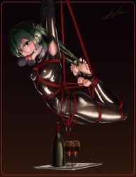1girl armbinder armpits arms_up ball_gag bdsm bodysuit bondage bottle bound bound_ankles bound_toes bound_torso bound_wrists breasts breath collar covered_erect_nipples crotch_rope cup dr.k_(anonym) drinking_glass drooling female_focus gag gagged glasses green_eyes green_hair highres hogtie holding holding_tray latex latex_bodysuit long_hair looking_at_viewer navel_piercing original piercing restrained round_eyewear saliva saliva_trail shibari shibari_over_clothes skin_tight skindentation slave small_breasts soles solo stirrup_legwear suspension toeless_legwear tray twintails very_long_hair wine_bottle wine_glass