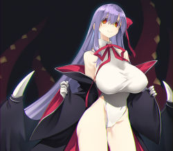 10mo 1girl bare_shoulders bat_wings bb_(fate) bb_(swimsuit_mooncancer)_(fate) bb_(swimsuit_mooncancer)_(third_ascension)_(fate) black_coat blush breasts coat fate/grand_order fate_(series) gloves hair_ribbon highleg highleg_leotard highres huge_breasts leotard long_hair looking_at_viewer neck_ribbon open_clothes open_coat popped_collar purple_hair red_eyes red_ribbon ribbon smile solo tentacles thighs very_long_hair white_gloves white_leotard wings