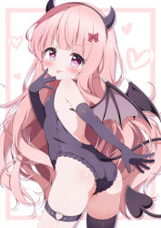 1girl :p ass black_gloves black_leotard black_thighhighs blush breasts commission demon_tail demon_wings elbow_gloves fake_horns g4ku gloves hakamada_hinata hand_to_own_mouth highres horns leotard loli long_hair pink_eyes pink_hair rou-kyuu-bu! single_thighhigh skeb_commission small_breasts smile solo strapless strapless_leotard tail thigh_strap thighhighs thighs tongue tongue_out very_long_hair wings