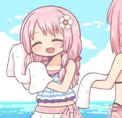 2girls :d ^_^ bad_id bad_twitter_id bikini blue_sky blush closed_eyes cloud cloudy_sky day facing_viewer flower hair_flower hair_ornament holding holding_towel long_hair magia_record:_mahou_shoujo_madoka_magica_gaiden mahou_shoujo_madoka_magica multiple_girls ocean open_mouth outdoors pink_hair reverse_(bluefencer) shirt siblings sisters skirt sky smile standing striped_clothes striped_shirt swimsuit tamaki_iroha tamaki_iroha_(swimsuit_ver.) tamaki_ui tamaki_ui_(swimsuit_costume) towel water wet wet_hair white_flower white_skirt wiping