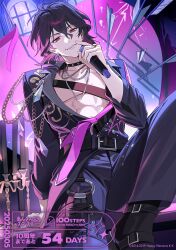 1boy abs arm_support arrow_(projectile) bead_necklace beads belt black_belt black_boots black_choker black_hair blue_jacket blue_pants boots candelabra candle candlestand chain chain_necklace chest_strap choker collarbone copyright_name copyright_notice countdown crystal dated double-parted_bangs earrings ensemble_stars! foot_out_of_frame gem hair_between_eyes hair_over_shoulder hand_up head_tilt heart holding holding_microphone indoors jacket jewelry keki_chogyegi knee_up lightning looking_at_viewer male_focus medium_hair microphone mismatched_earrings multiple_necklaces necklace o-ring official_alternate_costume official_art pants parted_lips partially_open_jacket pectorals pink_ribbon purple_gemstone red_eyes ribbon ring sakuma_rei_(ensemble_stars!) sitting smile solo three-quarter_sleeves white_gemstone window