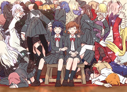 6+girls :d ^_^ absurdres ahoge aijou_karen akikaze_rui arched_bangs black_hair black_skirt black_socks blonde_hair blue_hair bow bowtie brown_cardigan brown_hair brown_shoes bullfalk cardigan cardigan_around_waist character_request check_character closed_eyes clothes_around_waist commentary_request daiba_nana ebisu_tsukasa grey_hair grey_jacket grey_skirt grin hanayagi_kaoruko hand_on_another&#039;s_arm hand_on_another&#039;s_shoulder highres hoshimi_junna isurugi_futaba jacket kagura_hikari kano_misora kobato_ryouko kochou_shizuha liu_mei_fan loafers long_hair long_sleeves miniskirt moriyasu_kuina multiple_girls nonomiya_lalafin on_stool oogami_shiro ootsuki_aruru open_clothes open_jacket open_mouth orange_hair otonashi_ichie otori_michiru pink_hair pleated_skirt purple_hair red_bow red_bowtie red_jacket red_skirt saijou_claudine seishou_music_academy_uniform shirt shoes short_twintails shoujo_kageki_revue_starlight shoujo_kageki_revue_starlight_-re_live- side_ponytail sitting skirt smile socks takachiho_stella tanaka_yuyuko tendou_maya tomoe_tamao top-down_bottom-up tsuruhime_yachiyo tsuyuzaki_mahiru twintails two_side_up umibe_minku white_shirt yukishiro_akira yumeoji_fumi yumeoji_shiori