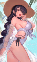 1girl bare_shoulders bikini black_bikini black_hair blue_archive blush braid braided_ponytail breasts brown_hat casual_one-piece_swimsuit commentary_request dated double_bikini hair_over_one_eye halo happy_birthday hat highres hinata_(blue_archive) hinata_(swimsuit)_(blue_archive) large_breasts layered_swimsuit long_hair looking_at_viewer off_shoulder official_alternate_costume one-piece_swimsuit open_clothes open_mouth open_shirt red_eyes sarong see-through_clothes see-through_shirt shirt sideboob smile solo sun_hat swimsuit thighs ubo_(ubo_tales) white_one-piece_swimsuit white_sarong yellow_halo