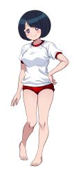1girl black_hair blue_eyes blush_stickers breasts buruma gundam gundam_gquuuuuux gym_shirt gym_uniform hands_on_own_hips highres medium_breasts mob_face no_sclera ponzu_rui red_buruma shiiko_sugai shirt short_hair simple_background white_background