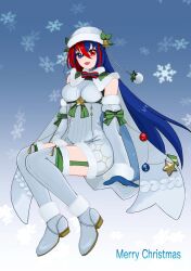 1girl blue_eyes blue_gloves blue_hair breasts christmas crossed_bangs e_m_a female_alear_(fire_emblem) female_alear_(gifted_dragons)_(fire_emblem) fire_emblem fire_emblem_engage fire_emblem_heroes fur-trimmed_headwear fur_trim fur_wrist_cuffs garter_straps gloves hair_between_eyes heterochromia highres long_hair looking_at_viewer medium_breasts merry_christmas multicolored_hair nintendo official_alternate_costume red_eyes red_hair solo split-color_hair two-tone_hair very_long_hair wrist_cuffs