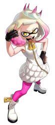 1girl black_gloves boots crown dress fingerless_gloves gloves gradient_hair laz_gm mole mole_under_mouth multicolored_hair nintendo pantyhose pearl_(splatoon) pink_pantyhose short_bangs short_eyebrows sleeveless sleeveless_dress solo splatoon_(series) splatoon_2 tongue tongue_out white_boots white_dress yellow_eyes