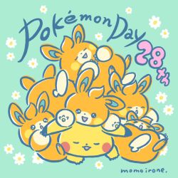 Rule 34 | &gt; &lt;, :d, :o, animal focus, artist name, closed eyes, commentary request, copyright name, dot nose, flower, gen 1 pokemon, green background, highres, momo irone, nintendo, no humans, open mouth, pawmi, pikachu, pile, pokemon, pokemon (creature), pokemon day, pokemon focus, simple background, smile, white flower