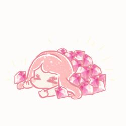 &gt;_&lt; animated animated_gif blunt_bangs blush_stickers chibi chinese_commentary commentary_request diamond_(gemstone) gem hair_spread_out long_hair long_sleeves looping_animation lying nikki_(nikki) nikki_(series) no_mouth notice_lines on_stomach pile pink_gemstone pink_hair shining_nikki shirt simple_background white_background white_shirt xiaoyu_qixing