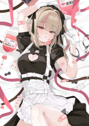 1girl absurdres apron arm_up bandaid bandaid_on_arm bandaid_on_cheek bandaid_on_face bandaid_on_thigh bed_sheet belt black_bow black_shirt blister_pack blush bow breasts chest_harness clothing_cutout colored_inner_hair cuffs eyepatch frilled_apron frills gloves grey_hair hair_intakes hand_up handcuffs handheld_game_console harness heart_cutout highres intravenous_drip looking_at_viewer lying maid maid_apron maid_headdress makaino_ririmu makaino_ririmu_(5th_costume) medical_eyepatch medicine moku_yoi multicolored_hair nijisanji on_back on_bed open_mouth pill pink_ribbon pink_streaks pointy_ears red_eyes ribbon shirt short_hair small_breasts solo streaked_hair unworn_eyepatch virtual_youtuber white_apron white_belt white_gloves