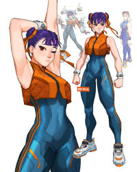 adapted_costume blue_unitard breikka capcom chun-li chun-li_(cosplay) cosplay double_bun hair_bun juno_(overwatch) orange_vest overwatch projected_inset purple_hair red_eyes shoes short_hair street_fighter street_fighter_zero_(series) vest