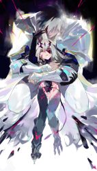 1boy 1girl absurdres arm_guards armor black_claws black_hands black_tabard blood blood_on_face body_markings colored_extremities fate/grand_order fate_(series) forked_eyebrows fui_(fui29493452) gradient_skin highres hug melusine_(fate) melusine_(red_hot_deviation)_(fate) orange_eyes percival_(fate) revealing_clothes shoulder_armor tabard white_armor white_hair