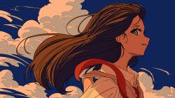 1girl aqua_eyes artdroiiid_ii blue_sky bright_pupils brown_hair brown_sweater_vest cloud collared_shirt commentary day english_commentary floating_clothes floating_hair highres long_hair looking_at_viewer necktie original outdoors parted_lips profile red_necktie school_uniform shirt sideways_glance sideways_mouth sky solo straight_hair sweater_vest white_pupils white_shirt wind