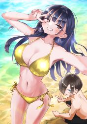 1boy 1girl absurdres alternate_costume beach bikini black_hair blue_eyes blush boku_no_kokoro_no_yabai_yatsu breasts brown_eyes cleavage collarbone commentary_request day earrings gold_bikini grin hair_over_one_eye hands_up highres hoop_earrings ichikawa_kyoutarou jewelry large_breasts long_hair m2bou male_swimwear mole mole_on_neck multiple_moles navel outdoors paid_reward_available ringed_eyes sand selfie shirt shore short_hair side-tie_bikini_bottom smile squatting standing string_bikini swimsuit v v_over_eye variant_set water yamada_anna