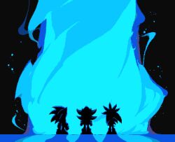 3boys black_background blue_fire deltarune fire from_behind furry furry_male hedgehog_boy highres male_focus multiple_boys parody pixel_art scene_reference shadow_the_hedgehog short_tail silhouette silver_the_hedgehog sonic_(series) sonic_the_hedgehog spacedawgspace tail