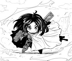 Rule 34 | 1girl, alita, battle angel alita, black hair, bodysuit, chibi, cloak, cyberpunk, cyborg, deformed, facial mark, facing viewer, floating cape, fukkatsu saisei kaijin, greyscale, gun, highres, holding, holding gun, holding weapon, joints, long hair, looking at viewer, metal skin, monochrome, no nose, outdoors, robot joints, science fiction, weapon, white background