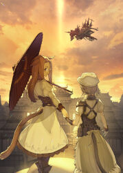 Rule 34 | 2girls, absurdres, aircraft, airship, animal ears, architecture, black pantyhose, brown hair, cat ears, cat tail, dress, east asian architecture, final fantasy, final fantasy xiv, from behind, glasses, gloves, grey hair, hat, hide (hideout), highres, holding hands, kugane (ff14), long hair, looking at another, miqo&#039;te, multiple girls, oil-paper umbrella, pantyhose, red eyes, round eyewear, short hair, sunset, tail, umbrella, warrior of light (ff14), white dress