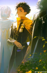 1girl 2boys :p absurdres black_cloak black_coat black_hair blue_choker blue_eyes bottle cape choker claude_von_riegan cloak closed_mouth coat collared_coat commentary dress english_commentary fire_emblem fire_emblem:_three_houses grey_hair high_collar highres holding holding_bottle kkia long_sleeves male_focus manuela_casagranda multiple_boys nintendo plant potion seteth_(fire_emblem) short_hair side_cape smile solo_focus thick_eyebrows tongue tongue_out vines watermark weibo_watermark white_dress white_hair yellow_cape