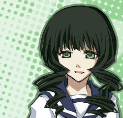0mycolor0 1girl black_rock_shooter blue_sailor_collar green_eyes green_hair lowres medium_hair neckerchief sailor_collar school_uniform serafuku solo takanashi_yomi