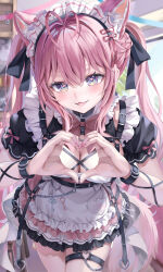 1girl :3 absurdres akami770 animal_ears antenna_hair apron belt belt_collar black_belt black_choker black_collar black_dress black_ribbon blush bow bowtie braid breasts choker collar dress extra_ears fang fingernails hair_ribbon hakui_koyori hakui_koyori_(dark_maid) heart heart_hands heart_in_eye heart_o-ring highres hololive key large_breasts leaning_forward long_hair looking_at_viewer maid_headdress nail_polish o-ring o-ring_thigh_strap official_alternate_costume open_mouth pink_bow pink_bowtie pink_dress pink_hair pink_lips pink_nails purple_eyes ribbon short_sleeves smile solo symbol_in_eye tail thigh_strap thighs twintails virtual_youtuber white_apron wolf_ears wolf_girl wolf_tail