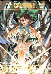 1girl arm_cannon artist_name asymmetrical_footwear black_footwear black_legwear bloomers bow breasts brown_hair cape caution commentary_request commission control_rod_(touhou) dated female_focus fifiruu frilled_shirt frills green_bow green_skirt hair_bow large_breasts long_hair mismatched_footwear one_eye_closed open_mouth puffy_short_sleeves puffy_sleeves radiation_symbol red_eyes reiuji_utsuho shirt short_sleeves signature skeb_commission skirt solo starry_sky_print symbol-shaped_pupils third_eye touhou underwear weapon white_shirt wings