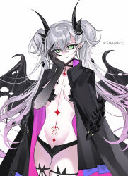1girl absurdres bat_wings black_skin breasts colored_skin demon_horns fate/grand_order fate_(series) green_eyes highres horns lilith_(fate) lilith_(second_ascension)_(fate) looking_at_viewer medium_breasts multicolored_hair navel pink_hair snake solo stomach_tattoo tattoo two-tone_hair underwear white_hair wings xixing_chun