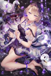 1girl absurdres animal azur_lane bare_shoulders beret bird blonde_hair blush book bow breasts dress female_focus hair_between_eyes hair_bow hair_ornament hat highres huge_filesize junpaku_karen looking_at_viewer looking_up medium_breasts name_tag short_hair sitting sleeveless smile solo swan z23_(azur_lane) z23_(the_eyecatch_in_the_rye?)_(azur_lane)