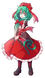 1girl alphes_(style) aqua_eyes aqua_hair black_boots boots bow brown_dress commentary_request dairi dress frilled_bow frilled_dress frilled_ribbon frilled_sleeves frills front_ponytail full_body hair_between_eyes hair_bow hair_ribbon highres kagiyama_hina lace-up_boots legs_apart long_hair looking_at_viewer multicolored_dress parody puffy_short_sleeves puffy_sleeves red_bow red_dress red_ribbon ribbon short_sleeves solo standing style_parody touhou transparent_background v_arms