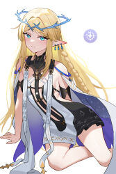 1girl aqua_eyes arm_support bare_shoulders black_collar black_dress blonde_hair breasts cartethyia_(wuthering_waves) closed_mouth collar commentary crown_of_thorns dress earrings highres jewelry kuroko1068 long_hair looking_at_viewer necklace pointy_ears simple_background small_breasts solo tabard tacet_mark_(wuthering_waves) thighs very_long_hair white_background white_tabard wuthering_waves