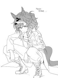 Rule 34 | 1girl, animal ears, bandaged chest, boots, braid, breasts, closed mouth, coat, frown, greyscale, high heel boots, high heels, horse ears, horse girl, horse tail, jungle pocket (umamusume), korean text, looking at viewer, medium hair, monochrome, notched ear, open clothes, open coat, pants, ponytail, short ponytail, small breasts, solo, squatting, tail, translation request, umamusume, v-shaped eyebrows, zn242878163