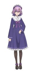 1girl :o alice_(fuguushoku_&quot;kanteishi&quot;_ga_jitsu_wa_saikyou_datta) anime_coloring black_shoes dress elf frills fuguushoku_&quot;kanteishi&quot;_ga_jitsu_wa_saikyou_datta full_body hairband highres long_sleeves looking_at_viewer maid_headdress medium_hair open_mouth pantyhose pointy_ears purple_dress purple_eyes purple_hair purple_ribbon ribbon sakimoto_sayuri shoes simple_background solo standing tachi-e tareme thighhighs wavy_hair