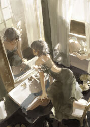 1girl 1other absurdres aged_up alternate_costume back_cutout blue_hair cirno closed_mouth clothing_cutout commentary curtains detached_wings dress expressionless from_above highres ice ice_wings indoors lily_pad looking_at_mirror mirror on_chair sawararado short_hair sink sleeveless sleeveless_dress solo_focus touhou towel window wings