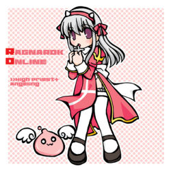 1girl :3 angeling black_shoes bow character_name chibi chibi_only commentary_request cone_horns copyright_name cross dress fake_horns full_body grey_hair hair_bow hairband high_priest_(ragnarok_online) horns juliet_sleeves long_hair long_sleeves looking_at_viewer lowres open_mouth pink_background polka_dot polka_dot_background puffy_sleeves purple_eyes ragnarok_online red_bow red_dress red_hairband shoes slime_(creature) solo standing thighhighs white_thighhighs yazawa_kazuki