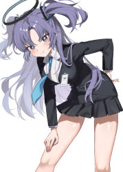 1girl :t black_halo black_jacket black_skirt blue_archive blue_eyes blue_necktie breasts closed_mouth collared_shirt commentary_request halo hand_on_own_thigh highres id_card jacket large_breasts long_hair looking_at_viewer mechanical_halo necktie office_lady pleated_skirt purple_hair shirt simple_background skirt solo tsuhyo two_side_up white_background white_shirt yuuka_(blue_archive)