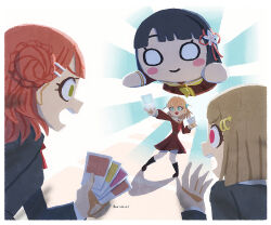 3girls :d alt_text aqua_eyes black_hair black_jacket black_socks blunt_bangs blunt_ends blush_stickers bob_cut brown_dress brown_hair brown_shoes bun_with_braided_base card card_game collared_shirt commentary_request crescent crescent_hair_ornament crossed_bangs dress flower flower_knot hair_bun hair_flower hair_ornament hairclip half_updo hasu_no_sora_school_uniform highres hinoshita_kaho holding holding_card in-franchise_crossover jacket link!_like!_love_live! loafers long_sleeves love_live! love_live!_nijigasaki_high_school_idol_club love_live!_series_official_card_game medium_dress medium_hair meidosan momose_ginko multiple_girls nakasu_kasumi neck_ribbon neckerchief nesoberi nijigasaki_school_uniform open_mouth orange_hair outline pink_hair pleated_dress rabbit_hair_ornament red_eyes red_neckerchief red_ribbon ribbon sailor_collar sailor_dress school_uniform shirt shoes short_hair single_side_bun smile socks swept_bangs trading_card two_side_up uehara_ayumu v-shaped_eyebrows virtual_youtuber white_outline white_sailor_collar white_shirt wide-eyed winter_uniform yellow_neckerchief