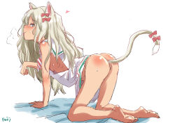 :p all_fours anal anal_beads anal_object_insertion anal_tail barefoot butt_plug closed_mouth dress fake_tail fuji_(pixiv24804665) full_body grecale_(kancolle) green_eyes grey_hair highres kantai_collection long_hair no_panties object_insertion paw_pose simple_background sketch soles tail toes tongue tongue_out wavy_hair white_background white_dress
