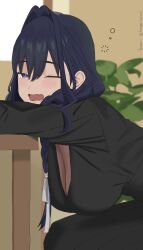 1girl absurdres black_dress black_hair blue_eyes braid breasts cleavage commentary dress english_commentary hair_intakes hanging_breasts highres hololive hololive_english indoors kongarisalmon large_breasts long_hair low_twin_braids official_alternate_costume official_alternate_hairstyle one_eye_closed open_mouth ouro_kronii ouro_kronii_(maid) plant sleepy solo table twin_braids virtual_youtuber