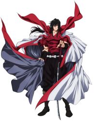 1boy anime_coloring arm_guards biceps black_boots black_hair black_pants blue_eyes boots cloak closed_mouth collarbone full_body hakama hakama_pants high_collar highres hiko_seijuurou holding holding_sword holding_weapon japanese_clothes katana kimono long_hair looking_at_viewer low_twintails male_focus muscular muscular_male nishii_terumi official_art pants planted planted_sword planted_weapon ponytail red_kimono rurouni_kenshin sash sidelocks simple_background smile solo standing sword transparent_background twintails weapon white_cloak white_sash