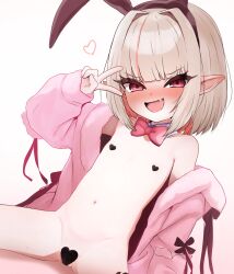 1girl animal_ear_hairband animal_ears bow bowtie detached_collar fake_animal_ears fang flat_chest hairband hand_up heart heart_maebari heart_pasties highres huucha_(cpaf5377) jacket loli long_sleeves looking_at_viewer maebari makaino_ririmu navel nijisanji open_mouth pasties pink_bow pink_bowtie pink_jacket pointy_ears rabbit_ear_hairband rabbit_ears red_eyes simple_background solo v variant_set virtual_youtuber white_background