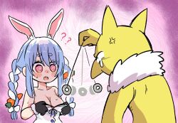 1girl @_@ anger_vein animal_ear_fluff animal_ears black_gloves blue_hair braid breasts carrot_hair_ornament coin coin_on_string colored_skin food-themed_hair_ornament fushicho gen_1_pokemon gloves hair_ornament highres holding holding_pendulum holding_string holed_coin hololive hypno hypnosis long_hair mind_control multicolored_hair nintendo open_mouth pendulum pokemon pokemon_(creature) pulling_own_clothes rabbit_ears rabbit_girl string sweat tears thick_eyebrows twin_braids twintails two-tone_hair usada_pekora usada_pekora_(1st_costume) virtual_youtuber white_hair yellow_skin
