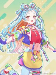 1girl :d aikatsu!_(series) aikatsu_academy! blue_hair blue_leggings boots braid choker copyright_name crop_top earrings female_focus forehead gloves gradient_eyes gradient_hair hair_ornament hair_ribbon happy high_heels jewelry leggings light_blush looking_at_viewer midriff momoshiki_tsubaki multicolored_eyes multicolored_hair navel official_art open_mouth orange_eyes orange_hair pink_eyes red_shirt ribbon shirt simple_background skirt smile solo streaked_hair three-quarter_sleeves two_side_up wao_parin yellow_skirt