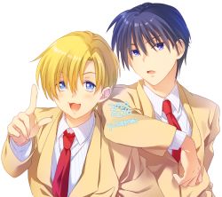 Rule 34 | 2boys, beige jacket, blazer, blonde hair, blue eyes, blue hair, clannad, commentary request, dated, hikarizaka private high school uniform, jacket, male focus, multiple boys, necktie, okazaki tomoya, pointing, red neckwear, satomi yoshitaka, school uniform, shirt, simple background, striped clothes, striped shirt, sunohara youhei, twitter username, upper body, white background, white shirt