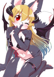 1girl akuma_gaoru animal_ear_fluff animal_ears animal_nose arm_strap bikini black_bikini black_horns black_wings blonde_hair blue_hair blush body_fur closed_mouth collarbone commentary_request demon_horns demon_wings finger_to_mouth flat_chest full_body furry furry_female futaba_channel gradient_hair grey_fur hair_between_eyes heart heart_o-ring heart_ring_bottom horns index_finger_raised long_hair looking_at_viewer multicolored_hair navel o-ring o-ring_thigh_strap one_eye_closed pawpads red_eyes senzoc shushing smile solo stomach swimsuit tail thigh_strap two-tone_fur two-tone_hair white_background white_fur wings