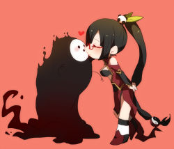 1girl arakune bad_id bad_pixiv_id black_hair blazblue blush glasses heart kiss lao_jiu litchi_faye_ling long_hair ponytail simple_background very_long_hair yoshisawa