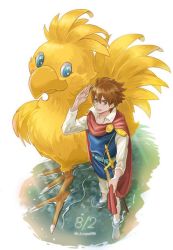 1boy barefoot bartz_klauser belt bird blue_eyes blue_tunic boco brooch brown_hair cape chocobo dated final_fantasy final_fantasy_v full_body hair_between_eyes holding holding_unworn_cape holding_unworn_clothes jewelry long_sleeves male_focus open_collar open_mouth pants red_cape regan_(hatsumi) salute shirt short_hair smile soaking_feet sword tunic twitter_username unworn_cape weapon white_pants white_shirt