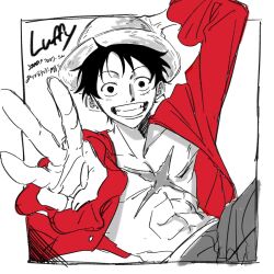 Rule 34 | 1boy, abs, character name, commentary request, cross scar, hand on own hat, hat, highres, looking at viewer, male focus, monkey d. luffy, one piece, open clothes, open shirt, rokurnshu003, scar, scar on face, short hair, smile, solo, spot color