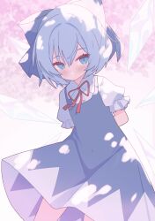 1girl arms_behind_back blue_eyes blue_hair bow burumanoeat cherry_blossoms cirno collared_dress commentary_request dappled_sunlight dress hair_bow highres ice ice_wings light_smile looking_to_the_side neck_ribbon pinafore_dress ribbon short_hair short_sleeves sleeveless sleeveless_dress solo sunlight touhou wings