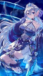 Rule 34 | 1girl, absurdres, arm fins, bare shoulders, blue dress, blue eyes, breasts, character request, collarbone, detached sleeves, dress, duel monster, fins, fish girl, grey hair, hair between eyes, head fins, highres, holding, holding sword, holding weapon, kanzakietc, kitkallos (yu-gi-oh!), large breasts, long hair, long sleeves, looking at viewer, partially submerged, primeval planet perlereino, skirt, sleeves past wrists, solo, sword, tearlaments kitkallos, weapon, white skirt, white tiara, yu-gi-oh!