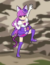 Rule 34 | 1girl, animal ear fluff, animal ears, animal shoes, anklet, arm up, blunt bangs, boots, bow, bow choker, bow skirt, bubble skirt, buttons, cat ears, cat girl, cat tail, center frills, choker, closed mouth, collarbone, copyright request, corset, cure macaron, earrings, elbow gloves, extra ears, food, food-themed clothes, food-themed hair ornament, frilled sleeves, frills, full body, gloves, hair ornament, hair ribbon, heart, heart print, high heel boots, high heels, highres, jewelry, kirakira precure a la mode, kotozume yukari, lace, lace-trimmed skirt, lace trim, long hair, macaron, miniskirt, outdoors, parody, pink bag, precure, puffy short sleeves, puffy sleeves, purple boots, purple bow, purple choker, purple corset, purple eyes, purple hair, purple skirt, ribbon, senkou (shippai shoukan), shirt, short sleeves, skirt, smile, smoke, solo, sphere earrings, square neckline, style parody, tail, thigh boots, thumbs up, tsurime, two-tone bag, v-shaped eyebrows, very long hair, waist bag, white gloves, white ribbon, white shirt, yellow bag
