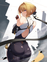 1girl absurdres ass back_cutout black_gloves black_pants blonde_hair braid braided_bun breasts closed_mouth clothing_cutout elbow_gloves etoast evelyn_chevalier from_behind gloves hair_bun hair_intakes hair_ornament hand_up highres large_breasts looking_back pants short_hair single_elbow_glove solo tassel thread tight_clothes tight_pants wind zenless_zone_zero